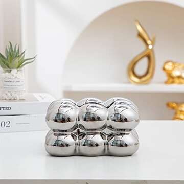 Anding Ceramic Tissue Box, Ashtray, Candle Holder, Vase Bathroom Vanity Top Ceramic Abstract Home Decor Shelf, Silver, White, Gold, (A1105 Silver)