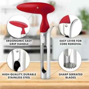 Zulay Kitchen Premium Apple Corer Tool - Ultra Sharp, Stainless Steel, Serrated Blades for Easy Coring - Easy to Use & Clean, Durable Apple Corer Remover for Baking Apples & More - Red