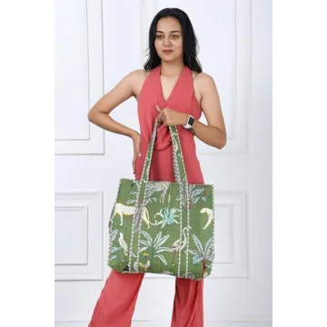 KLAVATE Women 100% Cotton Quilted Shoulder Bag Tote Bag Beach Casual Work Bag Women Large Capacity Bags for Shopping (DESIGN 1) (DESIGN 3)