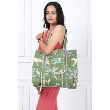 KLAVATE Women 100% Cotton Quilted Shoulder Bag Tote Bag Beach Casual Work Bag Women Large Capacity Bags for Shopping (DESIGN 1) (DESIGN 3)