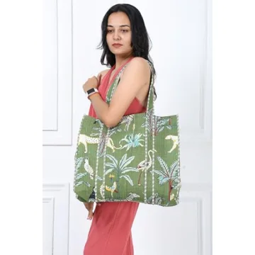 KLAVATE Women 100% Cotton Quilted Shoulder Bag Tote Bag Beach Casual Work Bag Women Large Capacity Bags for Shopping (DESIGN 1) (DESIGN 3)