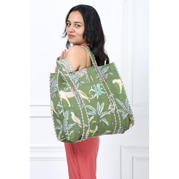 KLAVATE Women 100% Cotton Quilted Shoulder Bag Tote Bag Beach Casual Work Bag Women Large Capacity Bags for Shopping (DESIGN 1) (DESIGN 3)