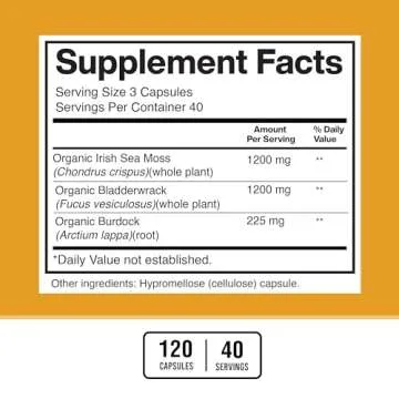 American Standard Supplements Organic Sea Moss, Bladderwrack & Burdock Root Capsules - 1200mg Sea Moss, 1200mg Bladderwrack, 225mg Burdock Root Per Serving - 120 Capsules, 40 Servings