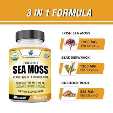 American Standard Supplements Organic Sea Moss, Bladderwrack & Burdock Root Capsules - 1200mg Sea Moss, 1200mg Bladderwrack, 225mg Burdock Root Per Serving - 120 Capsules, 40 Servings