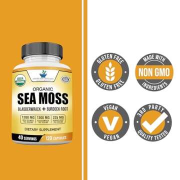 American Standard Supplements Organic Sea Moss, Bladderwrack & Burdock Root Capsules - 1200mg Sea Moss, 1200mg Bladderwrack, 225mg Burdock Root Per Serving - 120 Capsules, 40 Servings