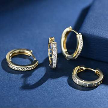 Allencoco Cubic Zirconia Huggie Hoop Earrings - Jewelry For Women, 14K Gold, 925 Sterling Silver Post Hypoallergenic (B-2 pairs cz hoop earrings)