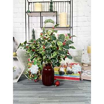 Admired By Nature Artificial Holly Leaves Berries Christmas Bush for Christmas Decorations Home Decor, Fake Plants, Holiday Bush, Indoor Outdoor Floral Arrangement, Christmas Cemetery Flowers, Green