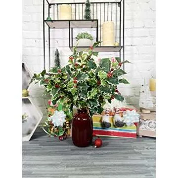 Admired By Nature Artificial Holly Leaves Berries Christmas Bush for Christmas Decorations Home Decor, Fake Plants, Holiday Bush, Indoor Outdoor Floral Arrangement, Christmas Cemetery Flowers, Green
