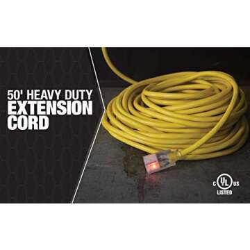 Southwire Outdoor Extension Cord, 50 Ft, 12 Gauge, Heavy Duty, Yellow, SJTW 2588SW0002