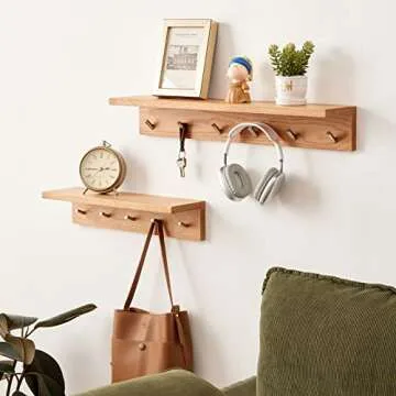 TRWISWDC Coat Rack Shelf Wall Mounted Oak Wood Entryway Shelf with 6 Hooks Wall Coat Hook Rack with Floating Shelf for Bedroom, Living Room, Kitchen (Natural, 27.5 inch)