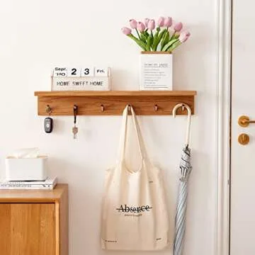 TRWISWDC Coat Rack Shelf Wall Mounted Oak Wood Entryway Shelf with 6 Hooks Wall Coat Hook Rack with Floating Shelf for Bedroom, Living Room, Kitchen (Natural, 27.5 inch)