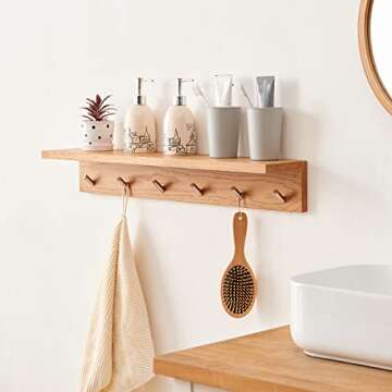 TRWISWDC Coat Rack Shelf Wall Mounted Oak Wood Entryway Shelf with 6 Hooks Wall Coat Hook Rack with Floating Shelf for Bedroom, Living Room, Kitchen (Natural, 27.5 inch)