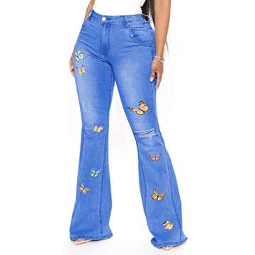 Bell Bottom Jeans for Women Butterfly Embroidery High Waisted Flare Jean Ripped Hole Classic Denim Bell Bottom Pants Medium