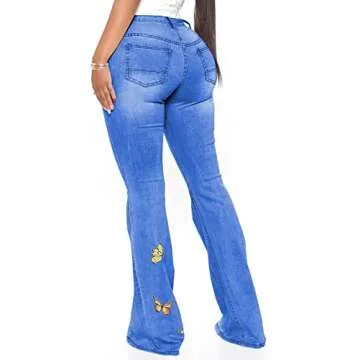 Bell Bottom Jeans for Women Butterfly Embroidery High Waisted Flare Jean Ripped Hole Classic Denim Bell Bottom Pants Medium