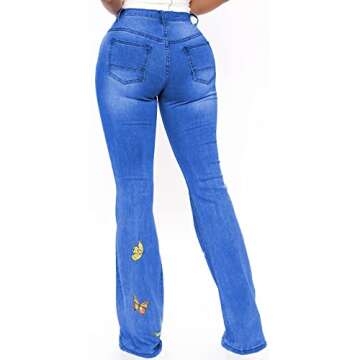 Bell Bottom Jeans for Women Butterfly Embroidery High Waisted Flare Jean Ripped Hole Classic Denim Bell Bottom Pants Medium