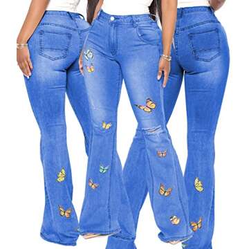 Bell Bottom Jeans for Women Butterfly Embroidery High Waisted Flare Jean Ripped Hole Classic Denim Bell Bottom Pants Medium