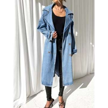 Fazortev Women's Long Double Breasted Denim Jacket Oversized Button Down Maxi Jean Coat Classic Lapel Outercoat