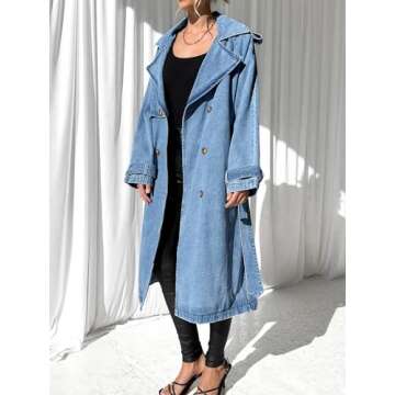 Fazortev Women's Long Double Breasted Denim Jacket Oversized Button Down Maxi Jean Coat Classic Lapel Outercoat