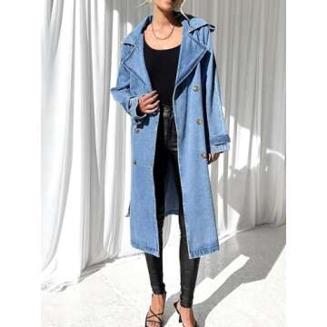 Fazortev Women's Long Double Breasted Denim Jacket Oversized Button Down Maxi Jean Coat Classic Lapel Outercoat