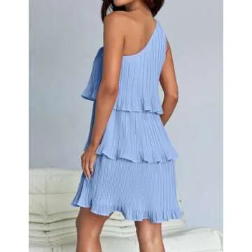 ZESICA Women's 2025 Summer Sleeveless Mini Dress Boho One Shoulder Ruffle Tiered Layered Chiffon Flowy A Line Dresses,Light Blue,Medium