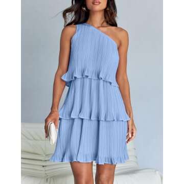 ZESICA Women's 2025 Summer Sleeveless Mini Dress Boho One Shoulder Ruffle Tiered Layered Chiffon Flowy A Line Dresses,Light Blue,Medium
