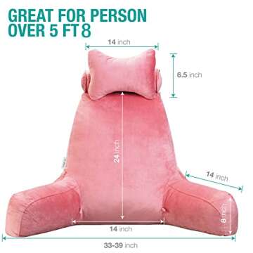 Vekkia Premium Soft Reading & Bed Rest Pillow with Higher Support Arm, Pocket, Free Neck Pillow. Back Support for Reading/Relaxing/Watching TV - Extra Foam Incl-24” Velvet(Cover)