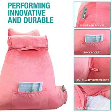 Vekkia Premium Soft Reading & Bed Rest Pillow with Higher Support Arm, Pocket, Free Neck Pillow. Back Support for Reading/Relaxing/Watching TV - Extra Foam Incl-24” Velvet(Cover)