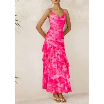 PRETTYGARDEN Maxi Dresses for Women 2025 Summer Tiered Floral Beach Sundress Spaghetti Strap Wedding Guest Long Dress (Print Pink,Large)