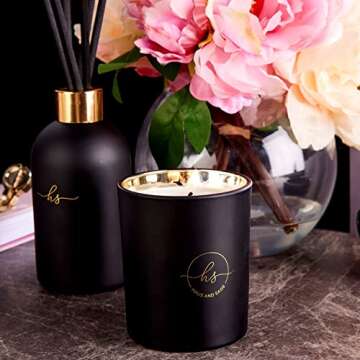 Reed Diffuser & Luxury Scented Candle Gift Set - 6.8 fl oz Sandalwood Geranium Reed Diffuser with 6.5oz Candle with Lid - 6 Fiber Diffuser Sticks Black