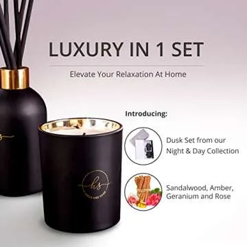 Reed Diffuser & Luxury Scented Candle Gift Set - 6.8 fl oz Sandalwood Geranium Reed Diffuser with 6.5oz Candle with Lid - 6 Fiber Diffuser Sticks Black