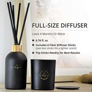 Reed Diffuser & Luxury Scented Candle Gift Set - 6.8 fl oz Sandalwood Geranium Reed Diffuser with 6.5oz Candle with Lid - 6 Fiber Diffuser Sticks Black