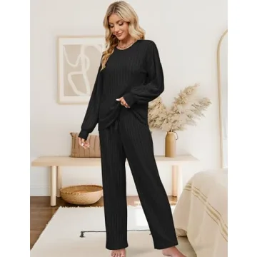 Blooming Jelly Womens Cute 2 Piece Pajama Sets Soft Long Sleeve Sleepwear Drawstring Crew Neck Loungewear (M, Black)