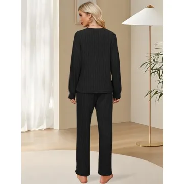 Blooming Jelly Womens Cute 2 Piece Pajama Sets Soft Long Sleeve Sleepwear Drawstring Crew Neck Loungewear (M, Black)