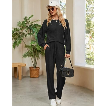 Blooming Jelly Womens Cute 2 Piece Pajama Sets Soft Long Sleeve Sleepwear Drawstring Crew Neck Loungewear (M, Black)