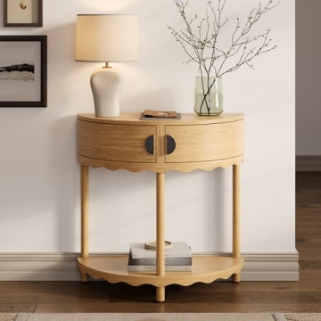 Scalloped Skirt Half Moon Console Table - Small Entry Desk with Storage for Narrow Spaces - Modern H...