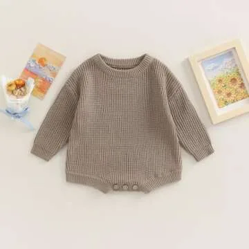 woshilaocai Baby Boy Girl Sweater Oversized Long Sleeve Romper Warm Crewneck Onesie CuteToddler Knitted Winter Clothes (12-24 Months,Khaki Grey)