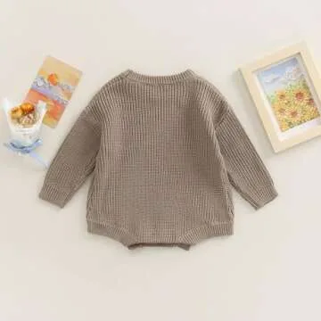 woshilaocai Baby Boy Girl Sweater Oversized Long Sleeve Romper Warm Crewneck Onesie CuteToddler Knitted Winter Clothes (12-24 Months,Khaki Grey)