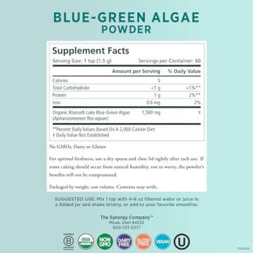 PURE SYNERGY Blue-Green Algae Powder | Green Superfood Powder with Chlorophyll | Organic AFA Blue Green Algae Supplement | Supports Energy, Mental Clarity, and Detoxification (3.2 oz. Powder)