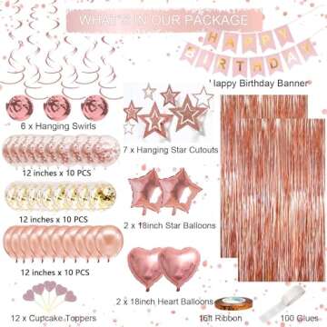 Rose Gold Birthday Party Decorations, Happy Birthday Banner, Rose Gold Fringe Curtain, Heart Star Fo...