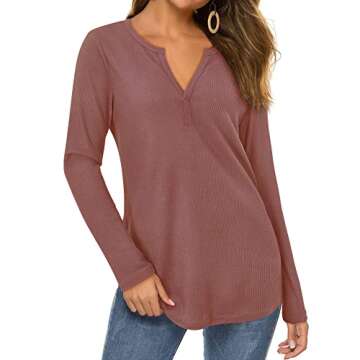 VOTEPRETTY Christmas Long Sleeve Shirts for Women Waffle Knit V Neck Tops Casual Blouse（Brick Red, L