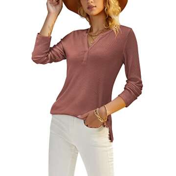 VOTEPRETTY Christmas Long Sleeve Shirts for Women Waffle Knit V Neck Tops Casual Blouse（Brick Red, L