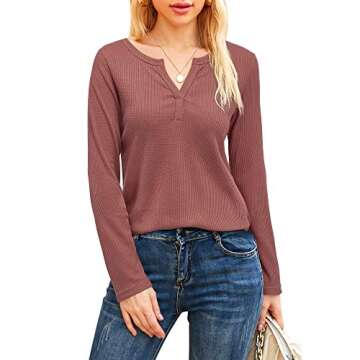 VOTEPRETTY Christmas Long Sleeve Shirts for Women Waffle Knit V Neck Tops Casual Blouse（Brick Red, L