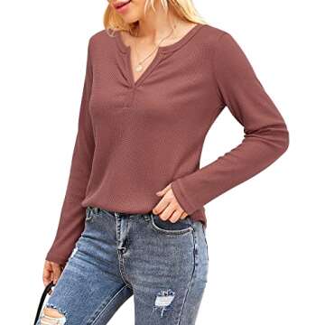 VOTEPRETTY Christmas Long Sleeve Shirts for Women Waffle Knit V Neck Tops Casual Blouse（Brick Red, L