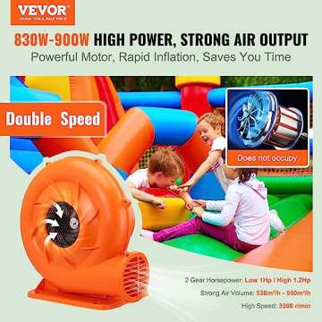 VEVOR Inflatable Blower, 900W, 1 HP & 1.2 HP Bounce House Blower, Commercial-grade Air Blower for In...