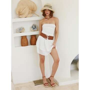 CIDER Women's Summer Cocktail Dress - Tube Ruched Ruffle Mini Dress: White, XL