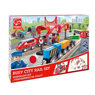 Hape Wooden Busy City Train Rail Set for Creative Play