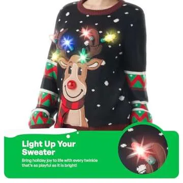 JOYIN Womens LED Light Up Christmas Sweater, Reindeer Christmas Ugly Sweater with Light Bulbs-Black