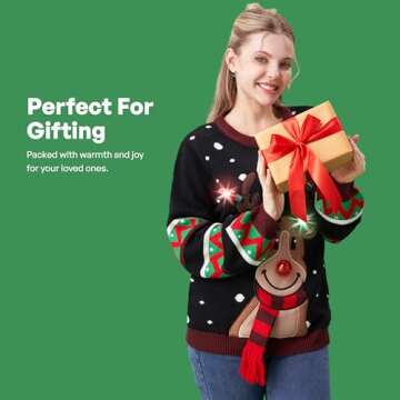 JOYIN Womens LED Light Up Christmas Sweater, Reindeer Christmas Ugly Sweater with Light Bulbs-Black
