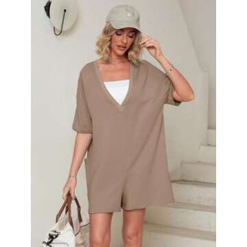 Glamaker Women's Oversized Summer Romper Casual Athletic Tee Romper Pajama Backless Loose Fit Shorts Jumpsuit Overalls With Pockets (Light Brown M)