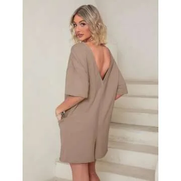 Glamaker Women's Oversized Summer Romper Casual Athletic Tee Romper Pajama Backless Loose Fit Shorts Jumpsuit Overalls With Pockets (Light Brown M)